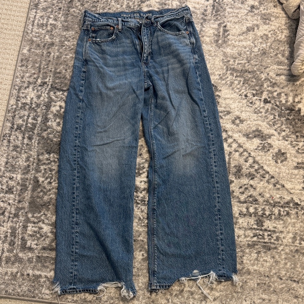 American Eagle Outfitters Distressed Wide Leg Jeans - Dark Blue